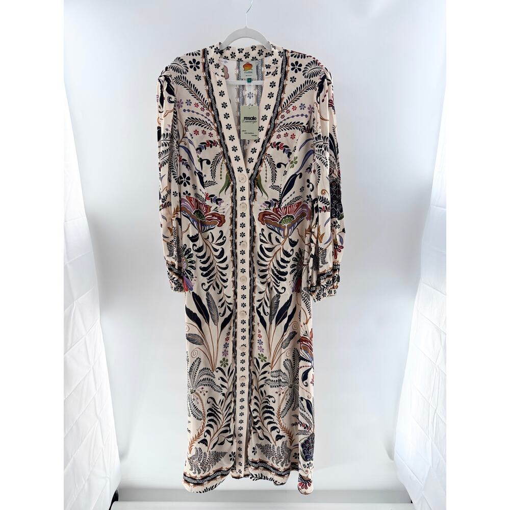 FARM Rio Botanical Print Long Sleeve V-Neck Maxi Dress Classic Nature Sand Large - Picture 5 of 8